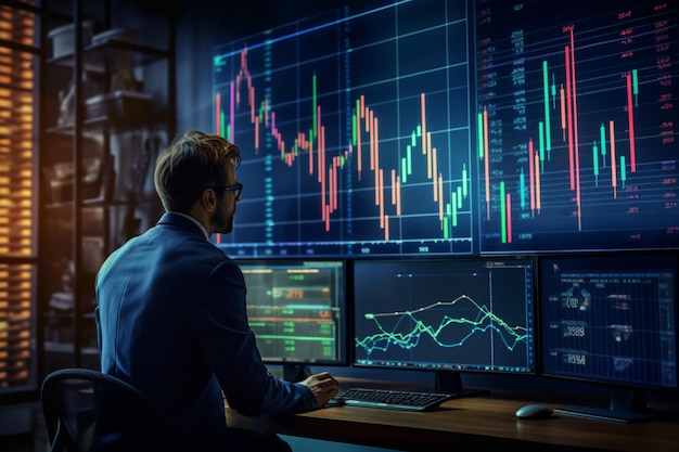 Vista trasera de un hombre sentado frente al monitor haciendo análisis el gráfico del mercado de valores o el concepto de comercio financiero de divisas