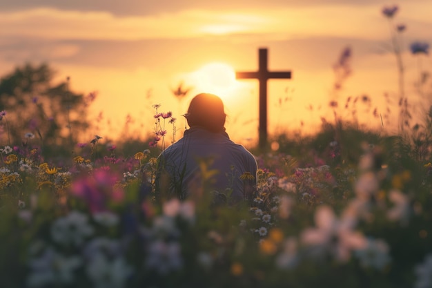 vista trasera del hombre sentado en el prado de flores y mirando a la cruz escena tranquila de Pascua