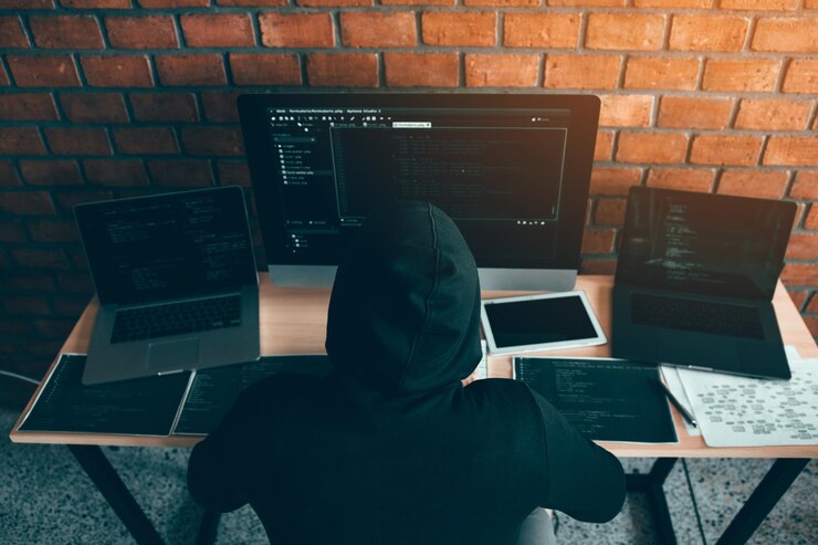 Foto vista trasera de un hombre usando una computadora portátil