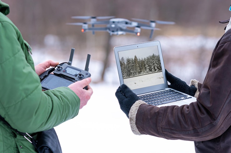 Foto vista trasera de un hombre usando un teléfono móvil en invierno
