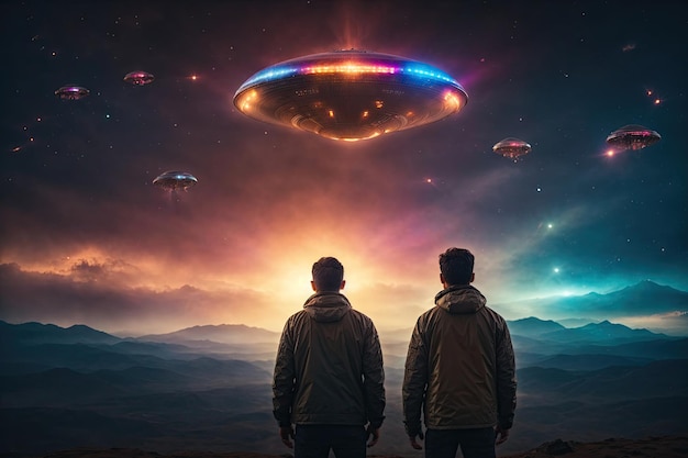 Vista trasera de los hombres mirando a la invasión alienígena OVNI volando ai generativo
