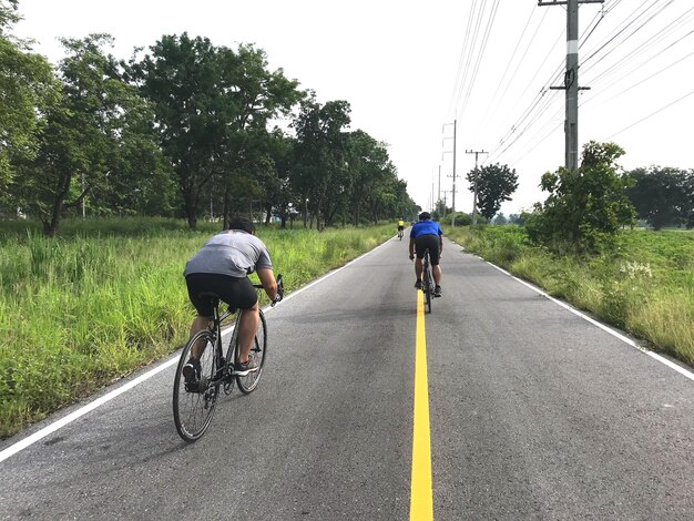 Vista trasera de hombres montando bicicletas en la carretera