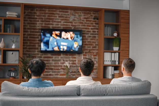 Vista trasera de hombres viendo un partido de fútbol en la televisión y sentados en un sofá