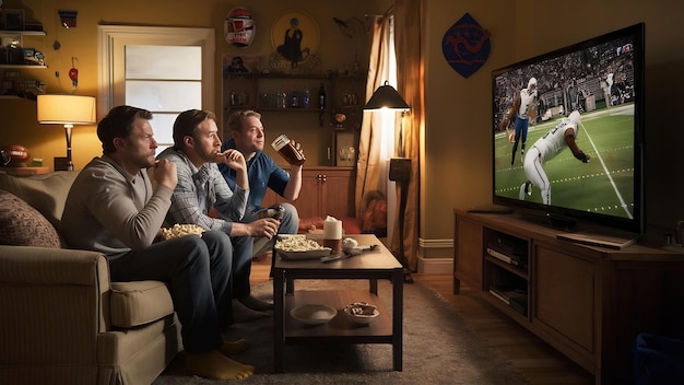 Vista trasera de hombres viendo un partido de fútbol en la televisión y sentados en un sofá