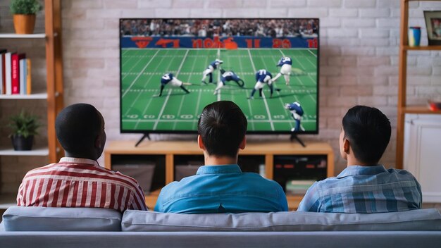 Vista trasera de hombres viendo un partido de fútbol en la televisión y sentados en un sofá