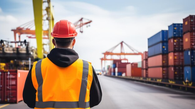 vista trasera de un ingeniero de almacén que trabaja en un patio de contenedores industriales