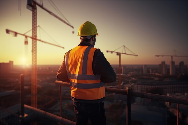 Vista trasera del ingeniero de construcción en seguridad estándar mirando el edificio en la construcción