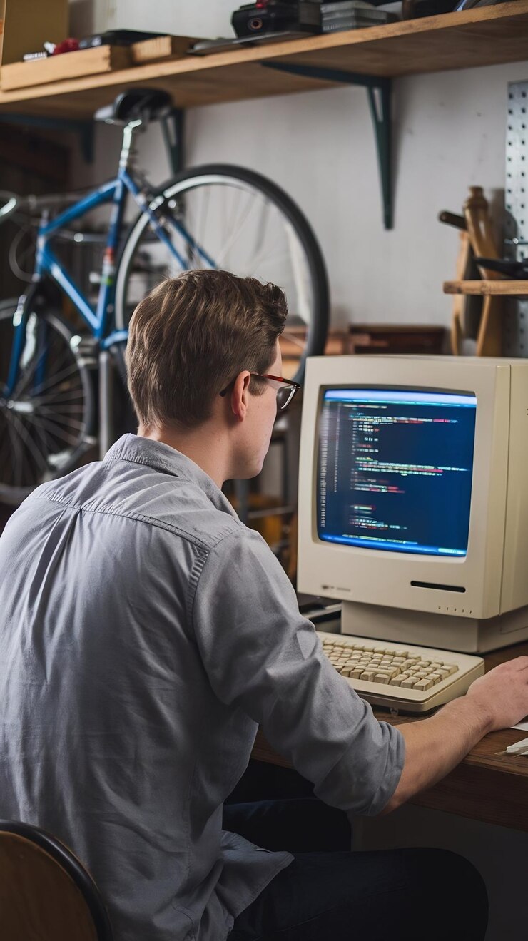 Foto vista trasera de un ingeniero de software caucásico programando en una vieja computadora de escritorio en un garaje retro