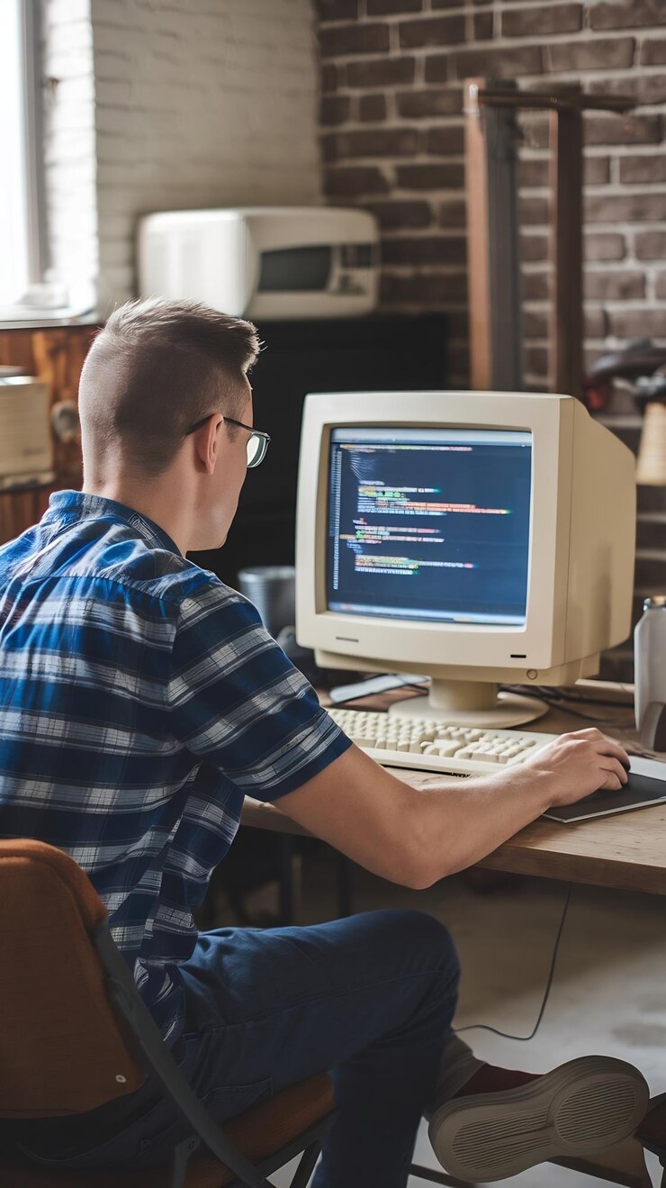 Foto vista trasera de un ingeniero de software caucásico programando en una vieja computadora de escritorio en un garaje retro