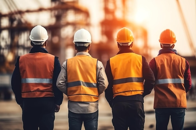 vista trasera de ingenieros de construcción en uniforme con casco de protección generativo ai