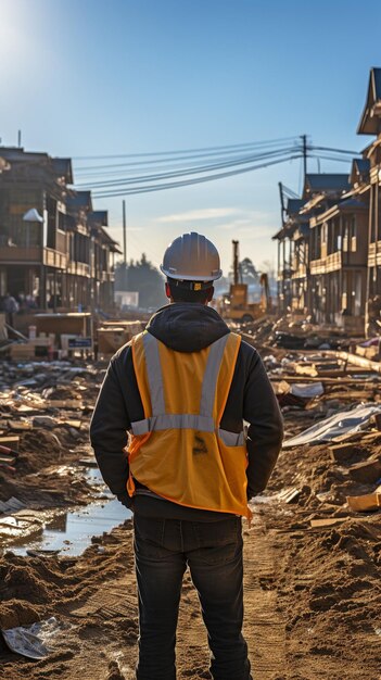 Vista trasera del inspector de construcción en un sitio de construcción