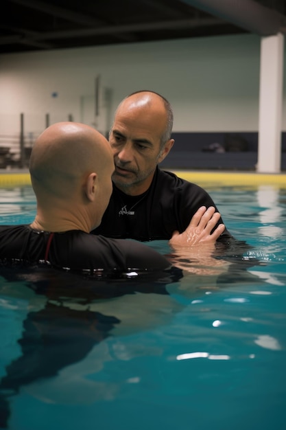 Vista trasera de un instructor que ayuda a un hombre en el agua creado con IA generativa