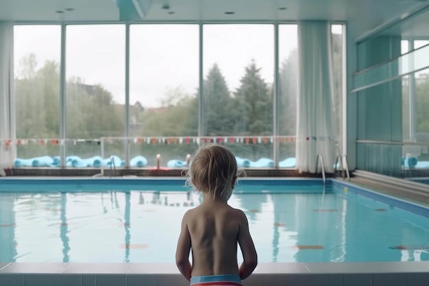 Vista trasera de un irreconocible lindo bebé niño pequeño en bañador de pie en la piscina cerca del agua Entrenamiento de natación infantil AI generativa