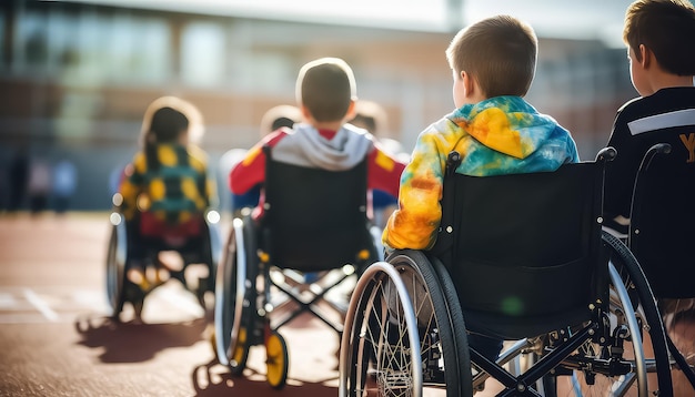 Vista trasera de un joven adolescente discapacitado sin piernas sentado en una silla de ruedas