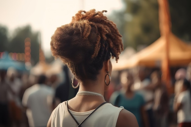 Vista trasera de una joven afroamericana solitaria en un festival al aire libre Mujer negra irreconocible en el parque de vacaciones IA generativa