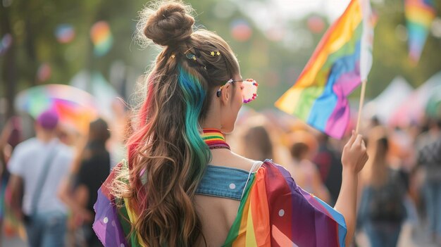 Foto vista trasera de una joven agitando la bandera del arco iris