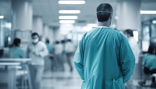 Vista trasera de un joven cirujano de pie en un pasillo del hospital