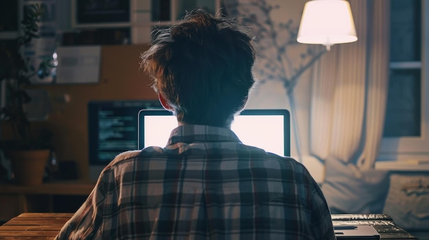 Vista trasera de un joven en una computadora portátil con una pantalla blanca vacía en una oficina en casa