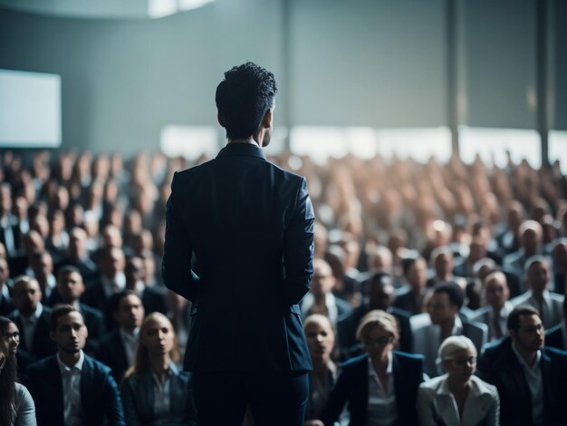 vista trasera del joven empresario exitoso en la sala de conferencias de negocios con presentación pública