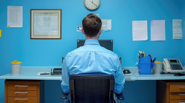 Foto vista trasera de un joven empresario sentado en su escritorio en una oficina