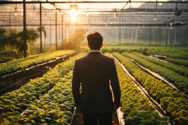 Foto vista trasera de un joven feliz un jardinero está cultivando lechuga en un invernadero