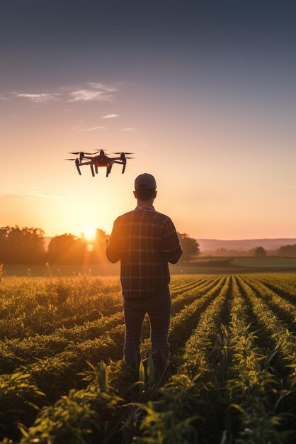 Vista trasera de un joven granjero con un dron en el campo