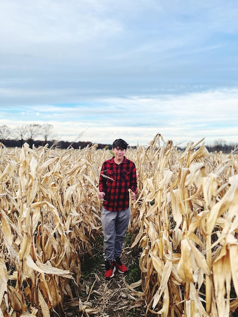 Vista trasera de un joven en un laberinto de maíz con el cielo en el fondo