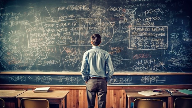 Vista trasera de un joven maestro mirando la pizarra con fórmulas en el aula IA generativa