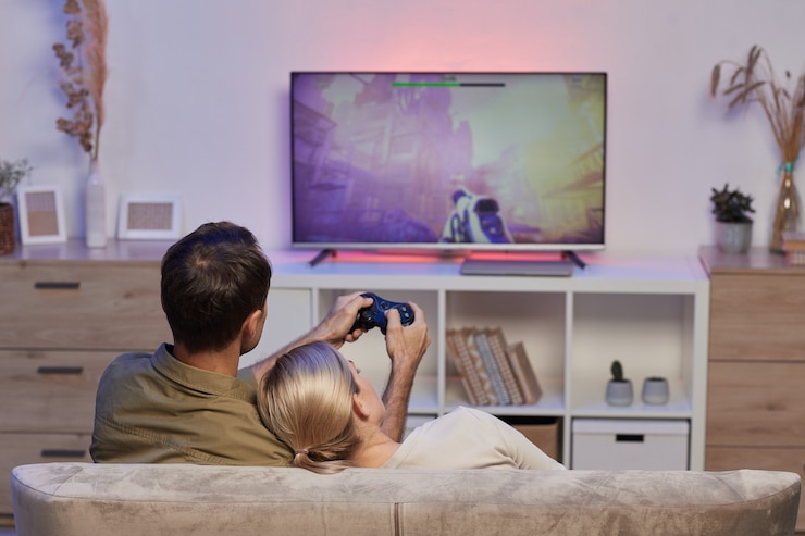Foto vista trasera de la joven pareja descansando en un sofá en la sala de estar y jugando videojuegos