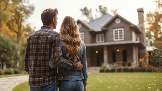 Vista trasera de una joven pareja mirando su nueva casa