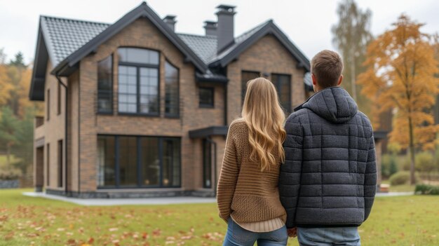 Vista trasera de una joven pareja mirando su nueva casa