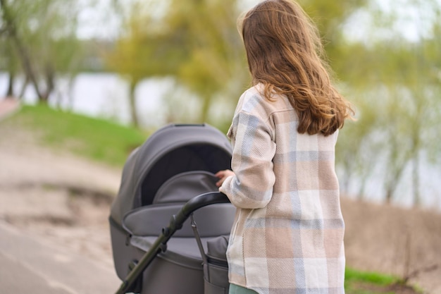 Vista trasera de una joven pelirroja que ama a mamá empujando un cochecito de bebé gris caminando lentamente en el parque