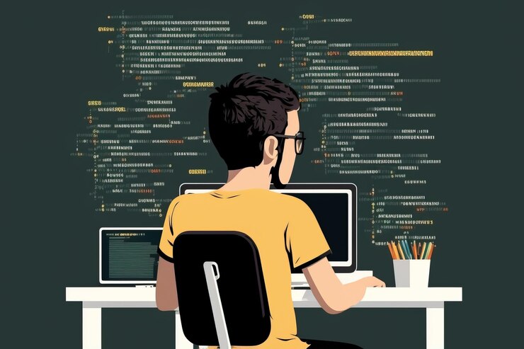 Foto vista trasera de un joven programador concentrado en el proyecto de trabajo de ia generativa