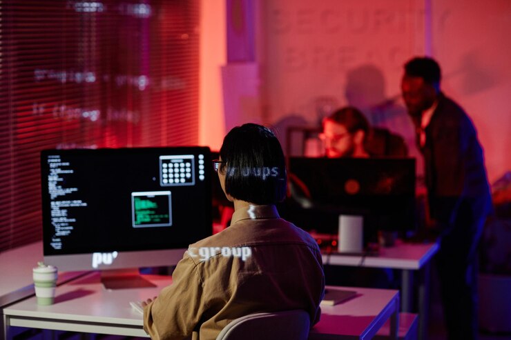 Foto vista trasera del joven programador contemporáneo sentado frente a la pantalla de la computadora