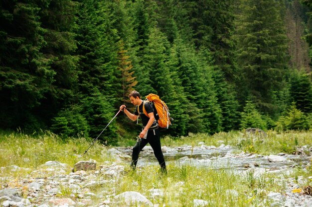 vista trasera de un joven turista con una mochila viaja a través del bosque cerca del río joven equipado con equipo turístico estilo de vida de senderismo modo de vida activo descanso activo