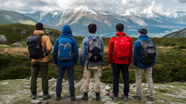 Vista trasera de jóvenes excursionistas masculinos multiétnicos con vistas a la vista