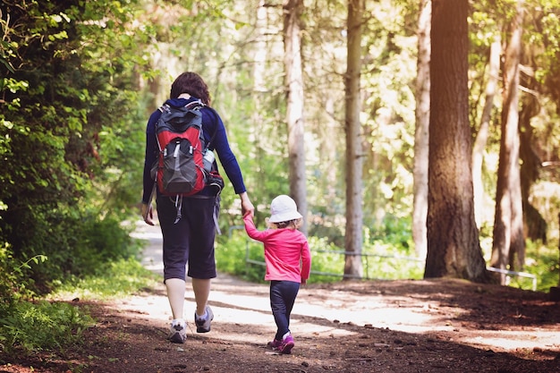 Vista trasera de madre e hija en el bosque