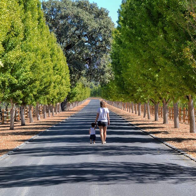 Foto vista trasera de madre e hijo caminando por la carretera a lo largo de los árboles.