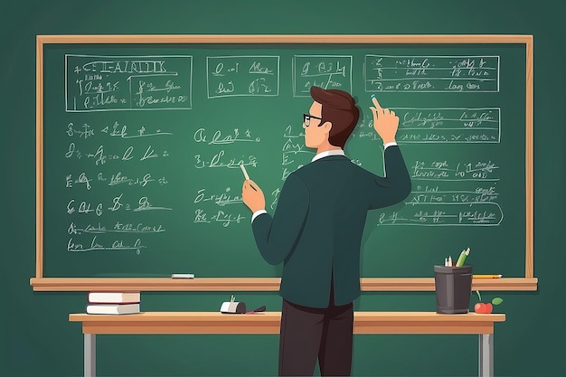 Vista trasera de un maestro o estudiante escribiendo fórmulas en una pizarra verde del aula sosteniendo tiza en la mano derecha Concepto de educación universitaria o escolar
