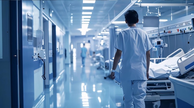 Vista trasera de un médico caminando con un estetoscopio en el corredor del hospital