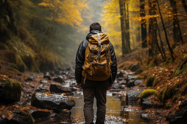 Foto vista trasera de un mochilero con impermeable caminando por la montaña ia generativa