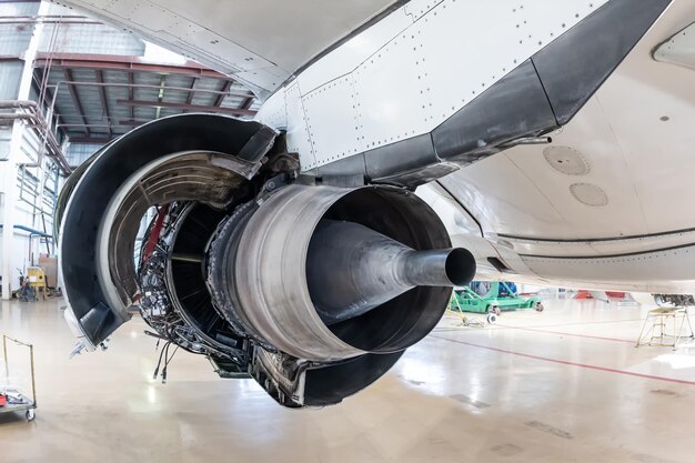 Vista trasera del motor de avión turboventilador de paso alto abierto de un avión de pasajeros en un hangar