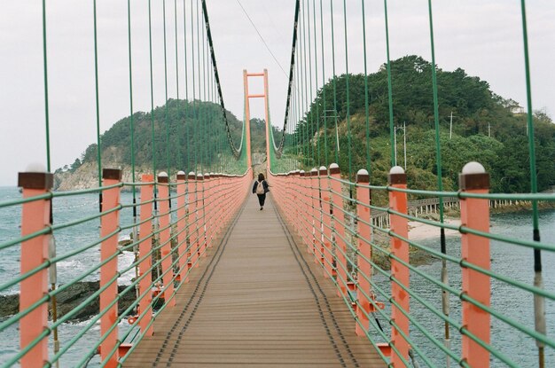 Foto vista trasera de una mujer adulta caminando en un puente peatonal sobre un río contra el cielo