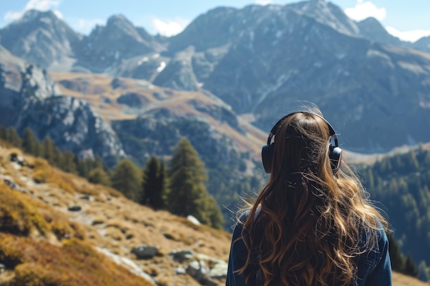 Vista trasera Mujer con auriculares escuchando música en las montañas