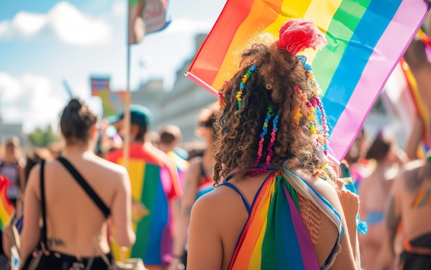 Foto vista trasera de una mujer con banderas lgbt y arco iris en un desfile en la calle