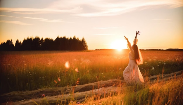 Vista trasera de una mujer con los brazos abiertos de pie en un campo de amapolas durante una impresionante puesta de sol que evoca libertad y paz