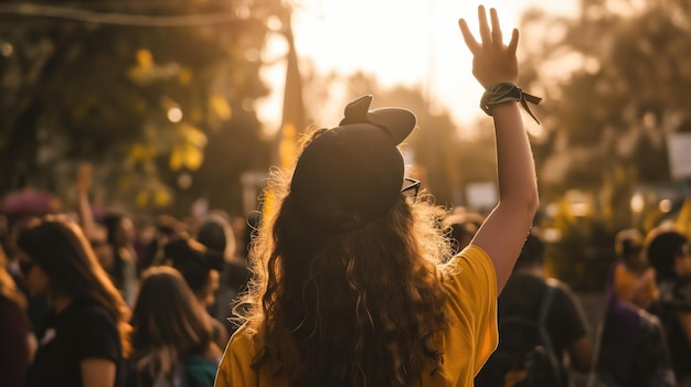 Vista trasera de una mujer con los brazos levantados disfrutando en un festival de música