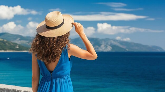 Vista trasera de una mujer de cabello rizado con sombrero de pie en un vestido azul mirando hacia el mar azul y el cielo en