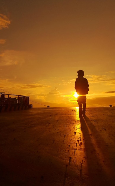 Foto vista trasera de una mujer caminando por la playa contra el cielo durante la puesta de sol