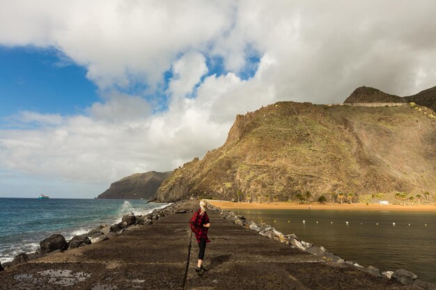 Vista trasera de una mujer caminando en la playa contra el cielo